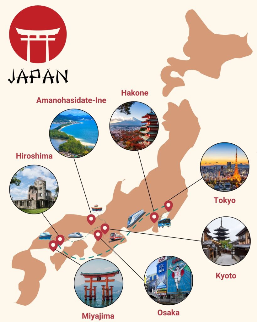 Map of the Japan Vegan Autumn Tour itinerary
