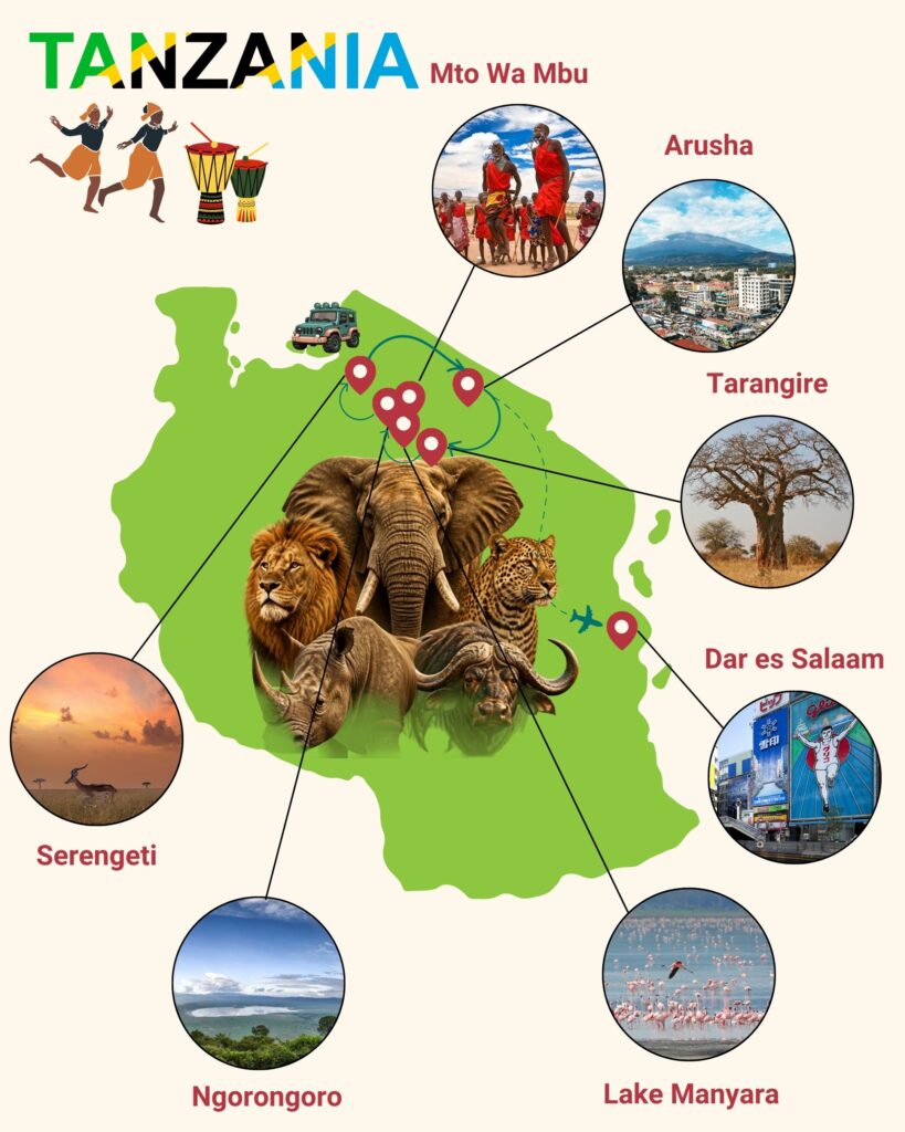 Map of the Tanzania Vegan Safari itinerary