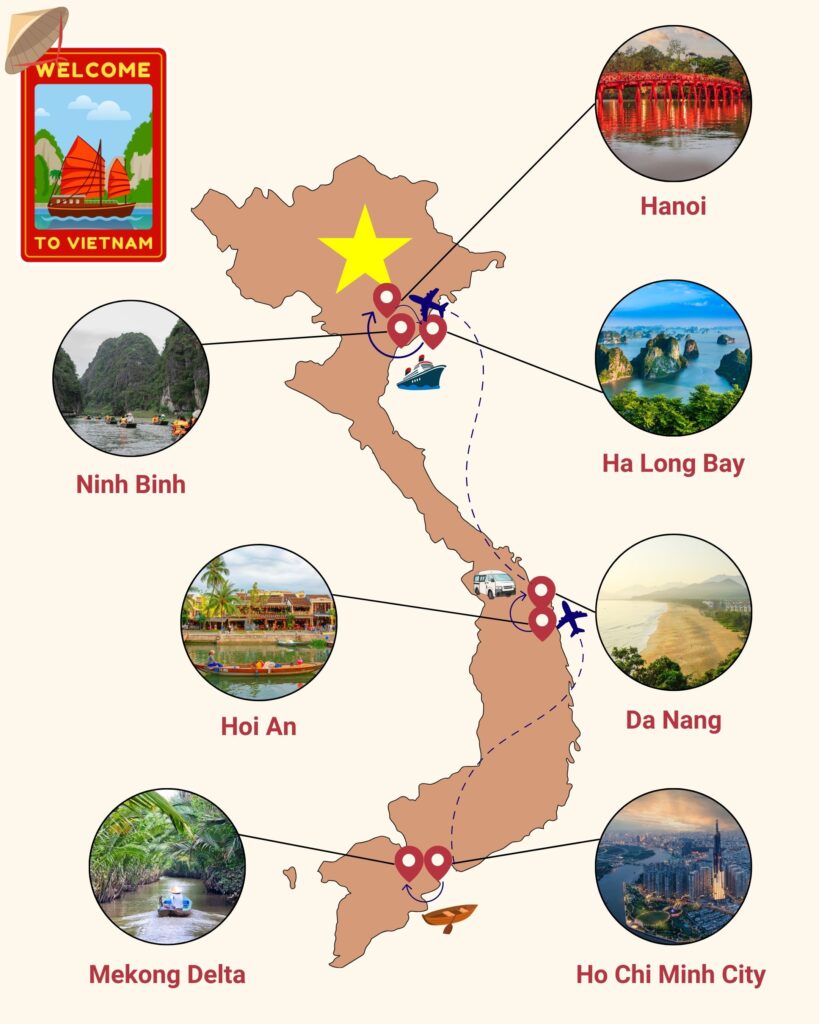 Map of the Vietnam Vegan Travel itinerary