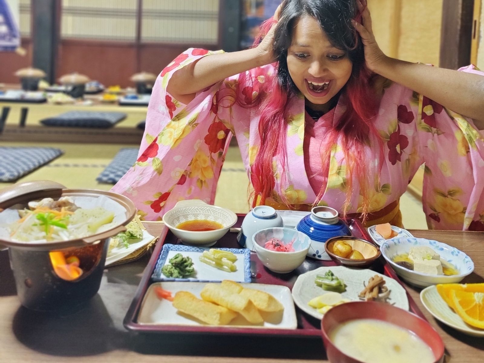 Itinerary Japan Vegan Tour in Autumn Traveller enjoying a traditional vegan Japanese meal
