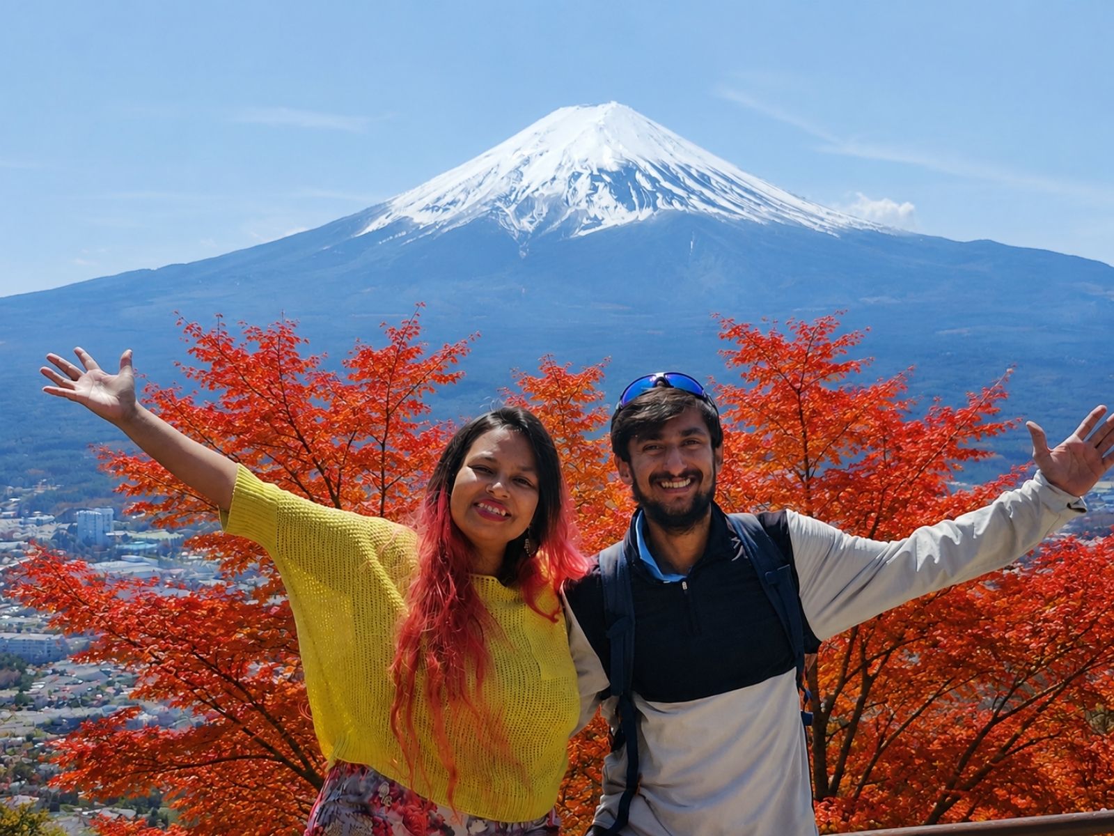 Itinerary Japan Vegan Tour in Autumn Couple posing with Mount Fuji during Japan's autumn season