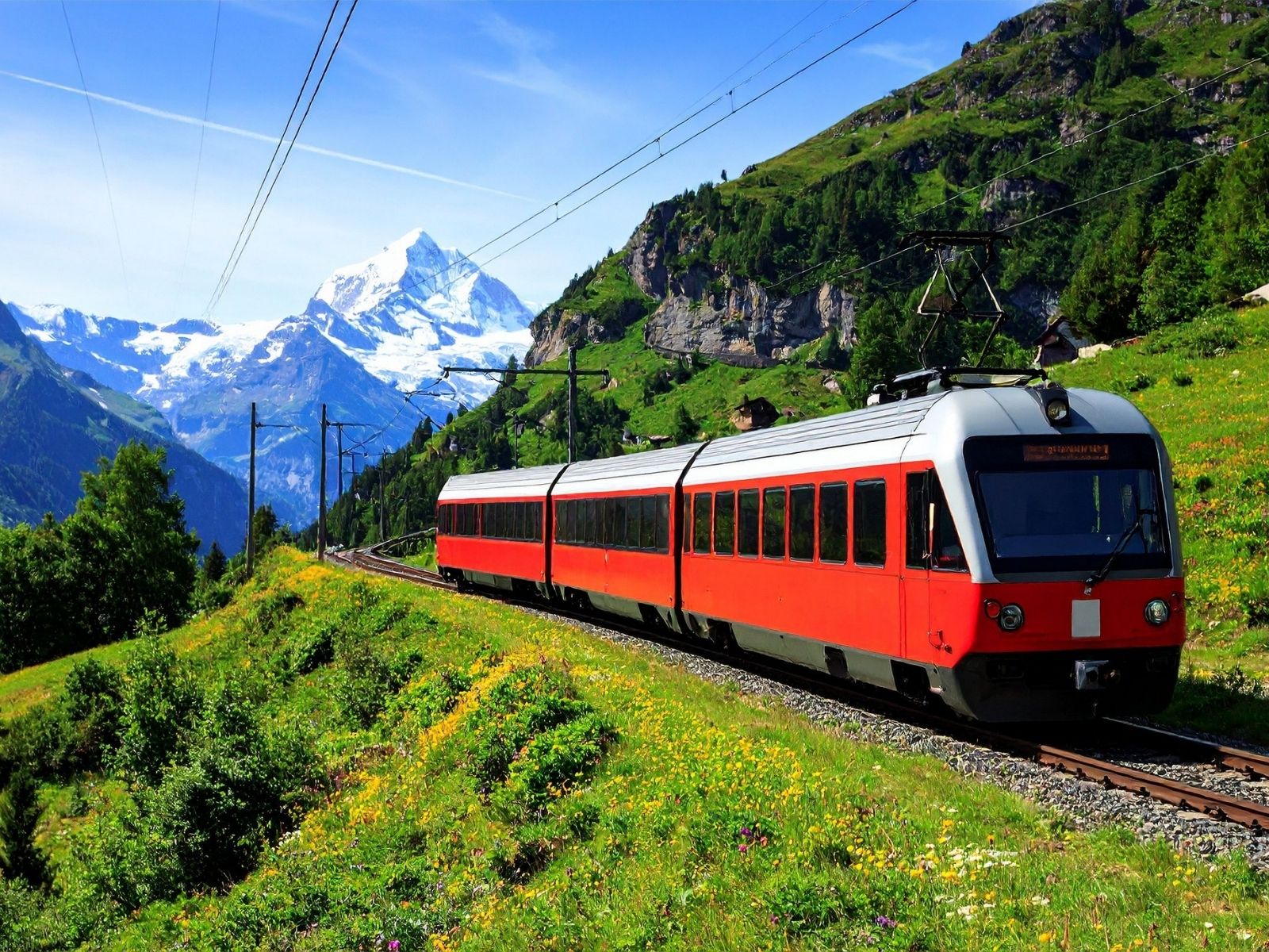 Scenic train journey through the Swiss Alps