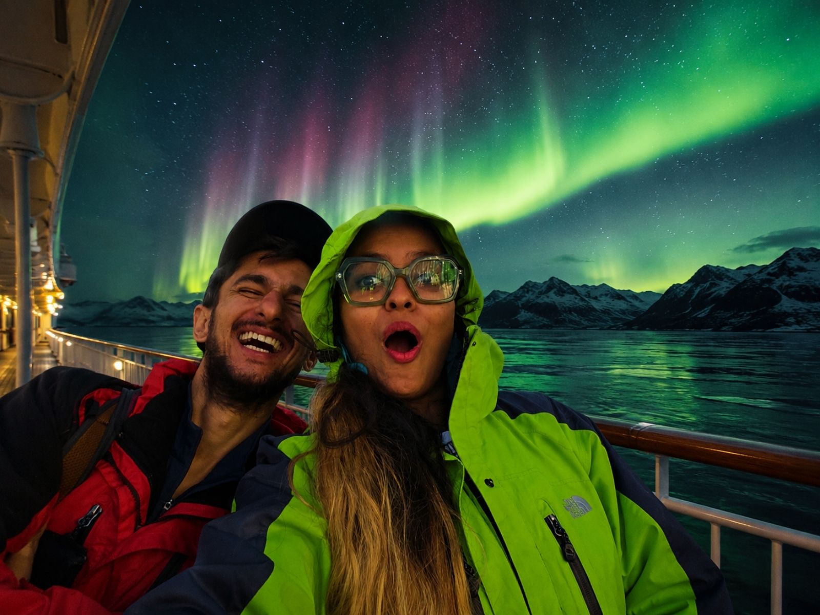 Travellers watching the Northern Lights from Hurtigruten Cruise in Norway
