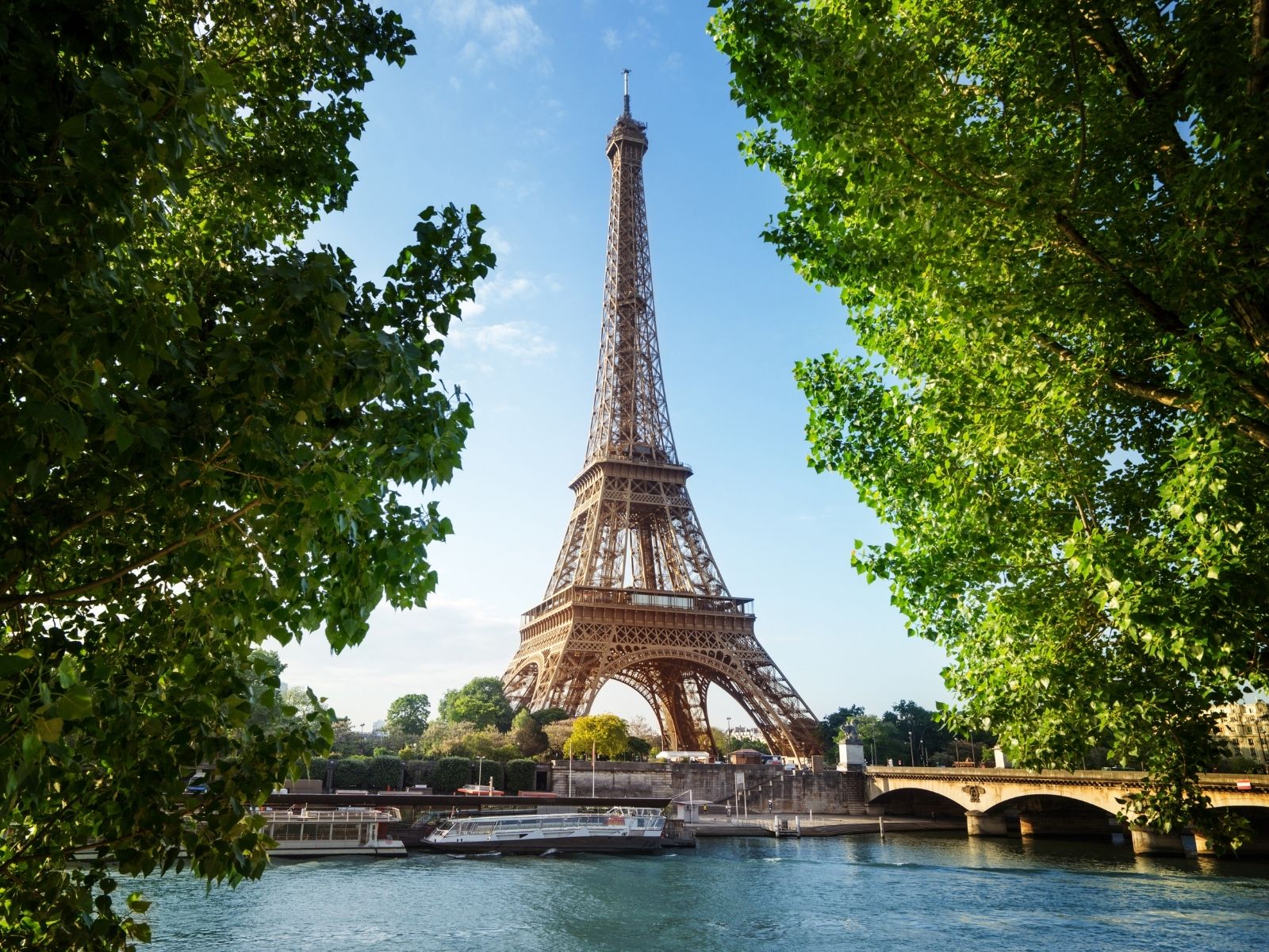 Eiffel Tower viewed from the Seine River in Paris, France