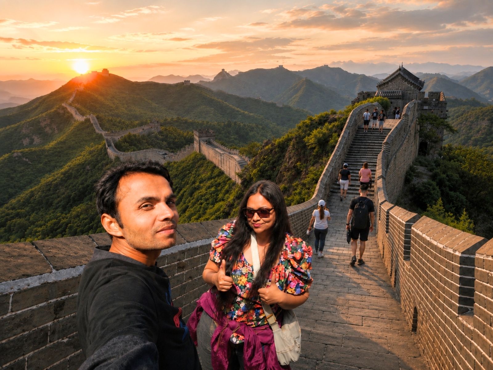 Travellers exploring the Great Wall of China