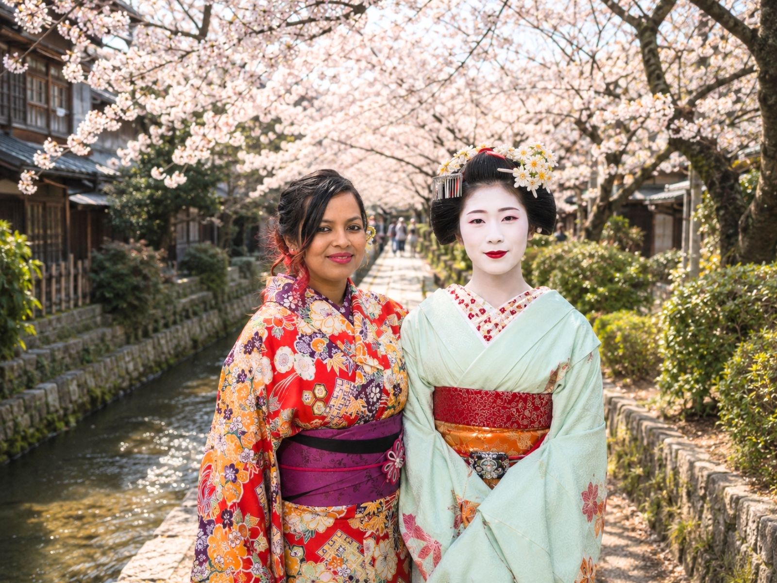Travellers wearing traditional kimono beneath cherry blossoms in Japan