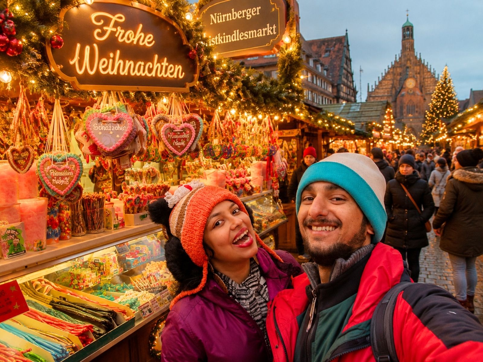Travellers visiting a Christmas market in Germany