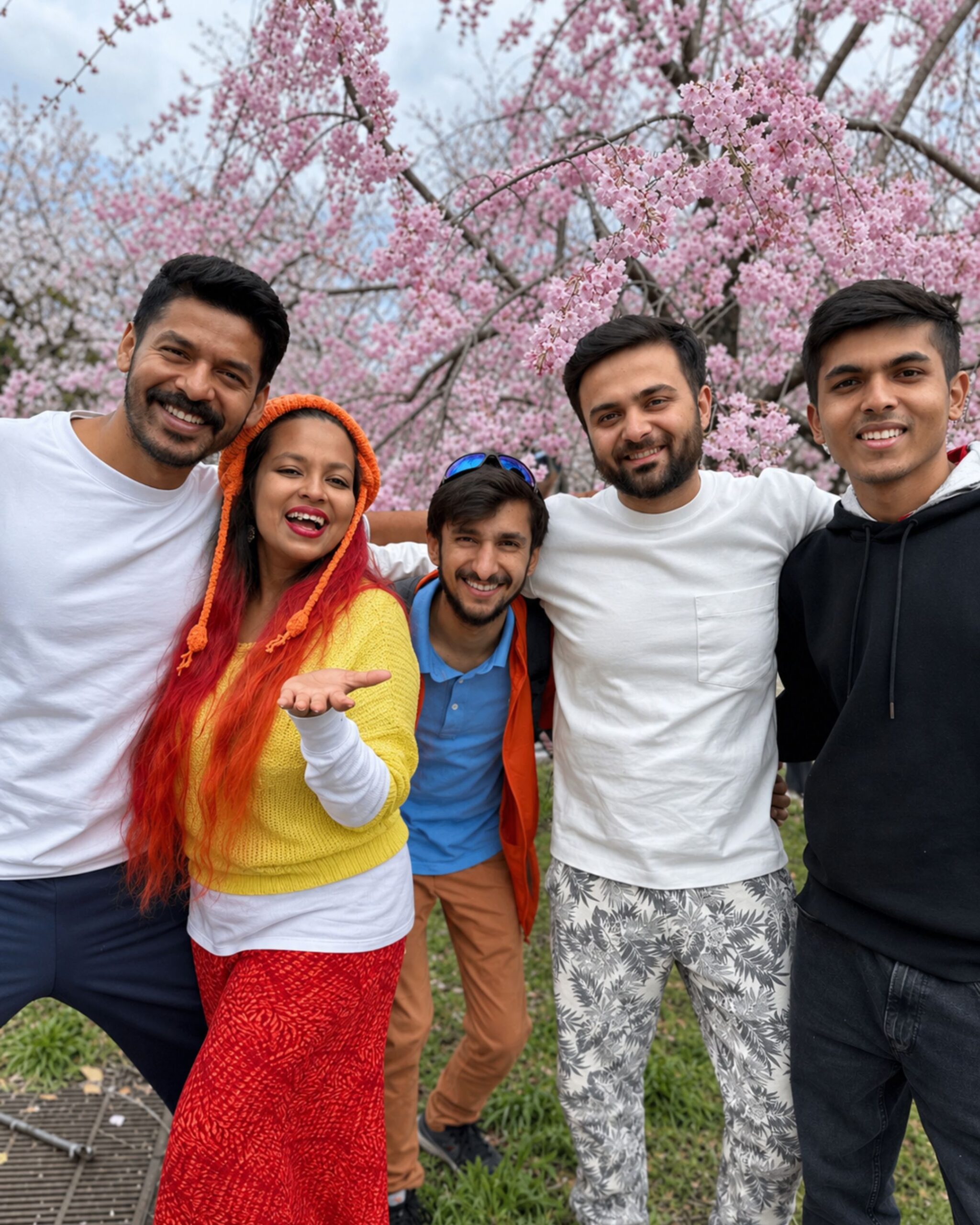 About Us Group photo beneath cherry blossoms during spring in Japan