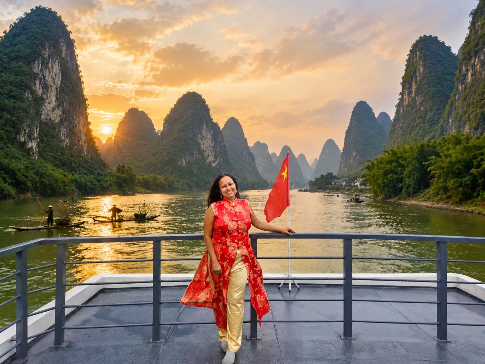 Traveller cruising the Li River surrounded by karst mountains in Guilin, China