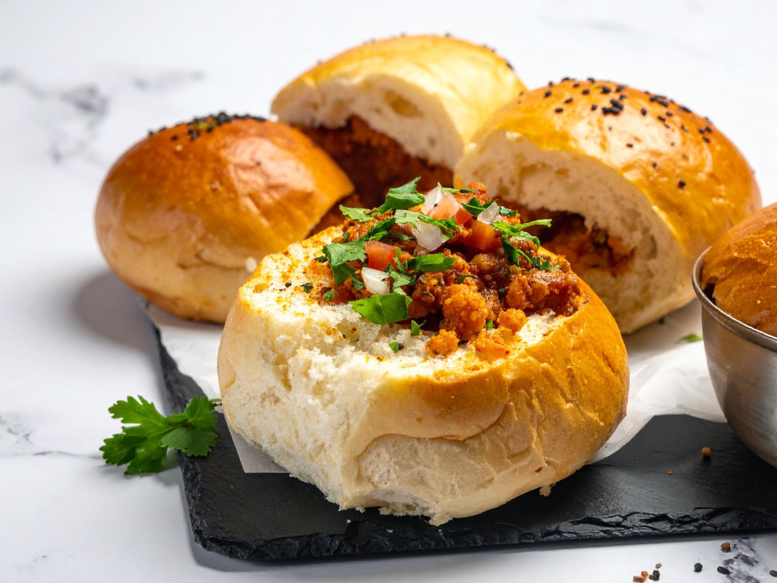 Itinerary South Africa Vegan Safari Vegan South African bunny chow served in a bread bowl with plant-based curry and fresh herbs